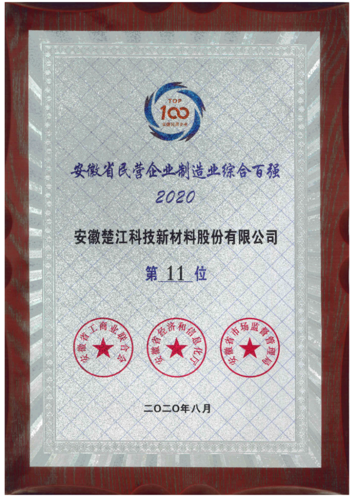 安徽省民营企业制造业综合百强第11位