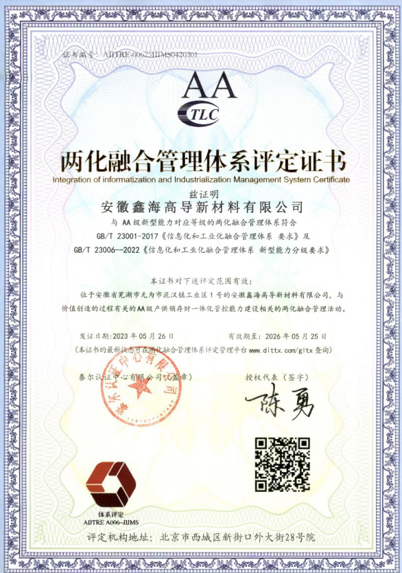 安徽鑫海高导通过AA级两化融合管理体系认证