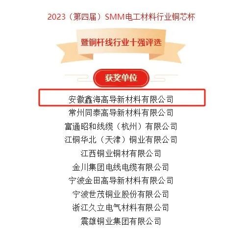 安徽鑫海高导荣获“2023（第四届）SMM电工材料行业铜芯杯”——铜杆线行业十强企业称号